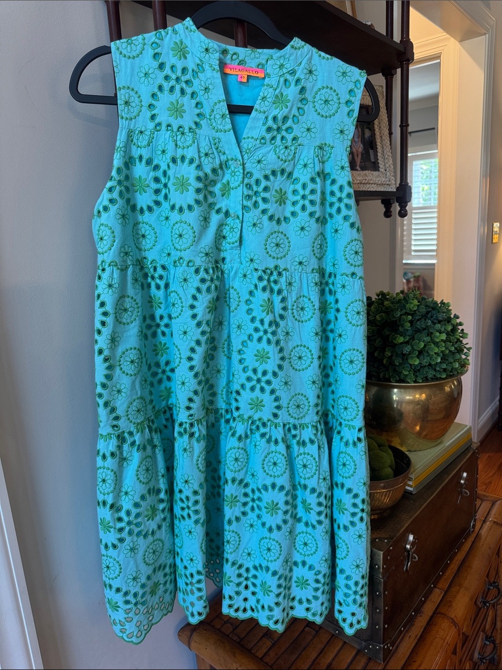 Vilagallo Turquoise & Green Eyelet Tiered Midi Dress